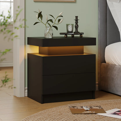 Black nightstand with LED lighting in a bedroom setting