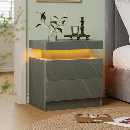 Modern nightstand with marble-like design and LED lighting in a bedroom setting.