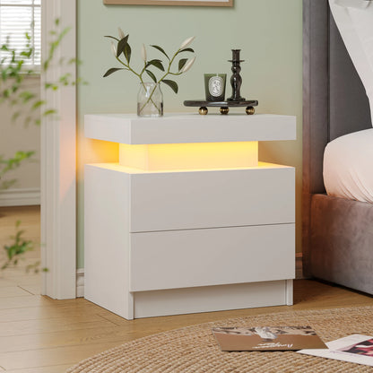 Modern white nightstand with LED lighting in a bedroom setting