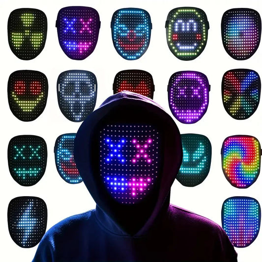 Person wearing a LED mask with colorful light-up faces displayed around them.