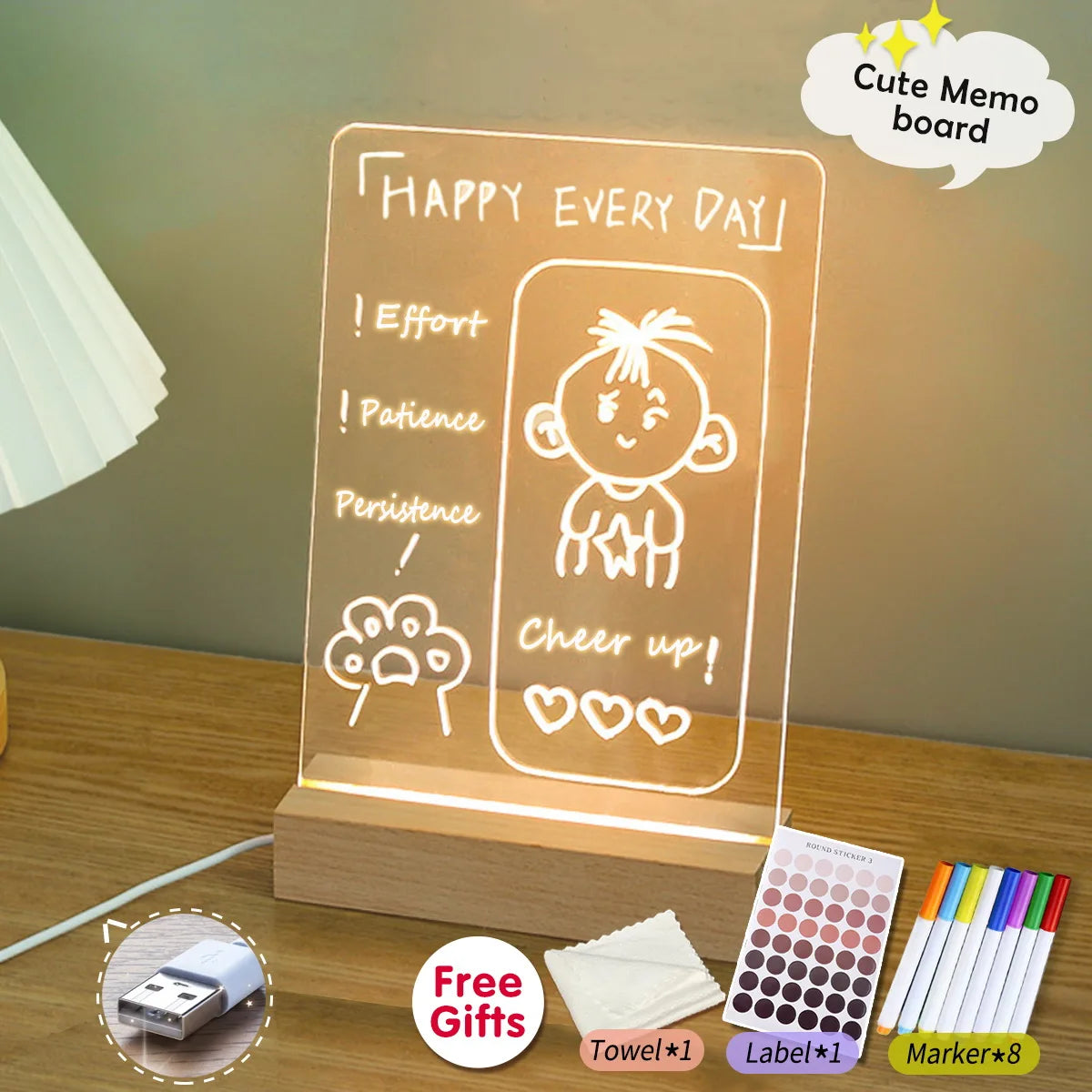 LED memo board with illustrations and text on a wooden stand, accompanied by markers and a towel.