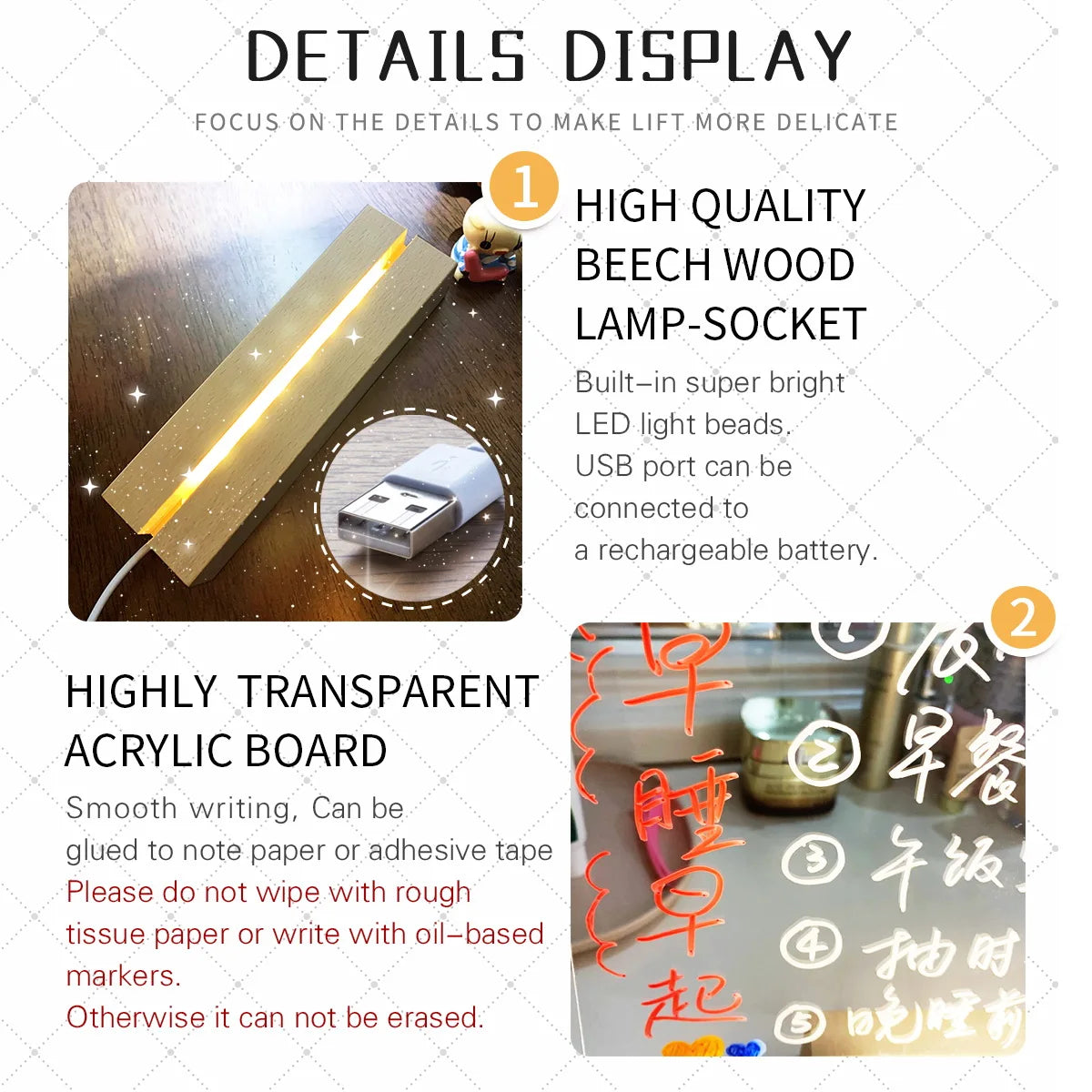 Product details display for a high-quality beech wood lamp socket with LED lights and USB connection, featuring a transparent acrylic board with writing.