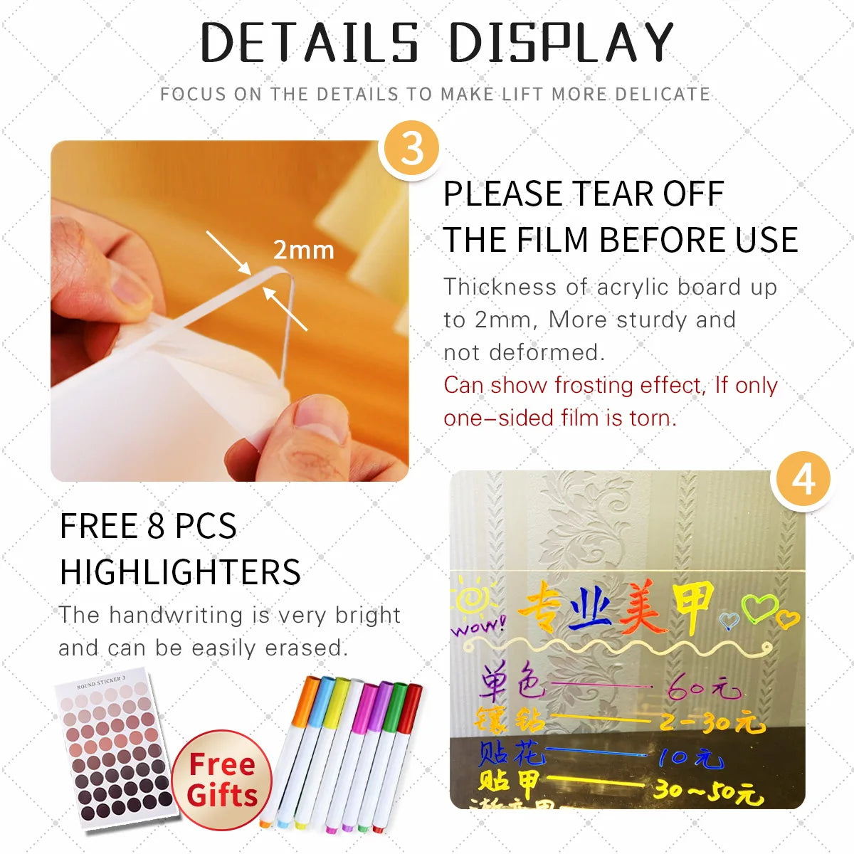 Product details display with text and images of a hand holding a film, highlighting features, and free gifts included.