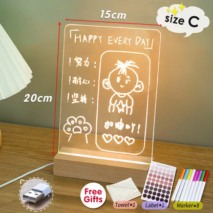 LED sign with cartoon character and text on a wooden stand, with measurements and free gift items displayed.