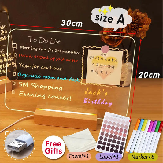 Transparent stand with notes and a to-do list on a wooden surface, with measurements and free gift items displayed.
