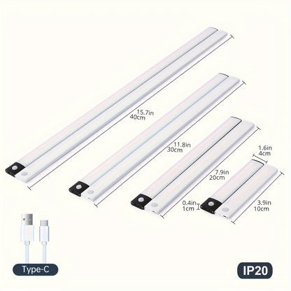 Three LED light strips with measurements and a Type-C cable on a white background
