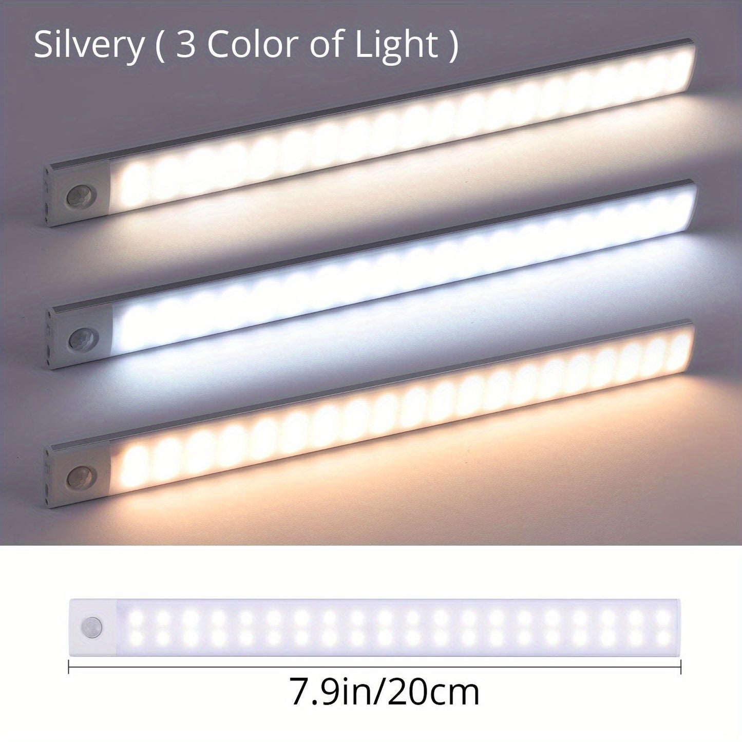 Three LED light strips with different color temperatures on a gray background, labeled 'Silvery (3 Color of Light)'.