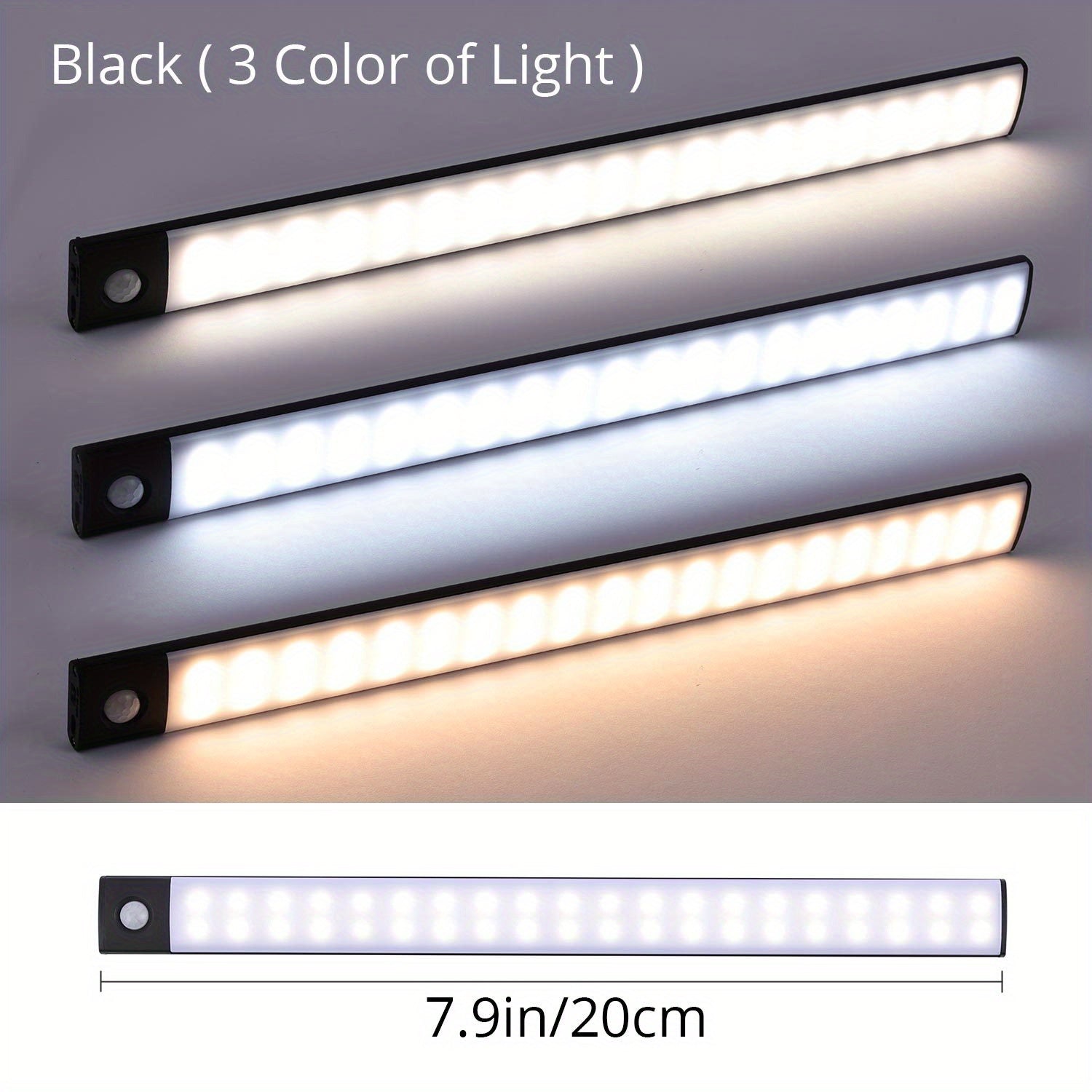 Three LED light bars with different color temperatures on a gray background, labeled 'Black (3 Color of Light)'.