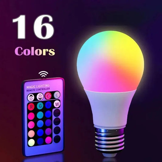 Color-changing LED bulb with remote control on a dark background