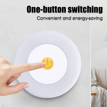 Round light switch with a hand pressing a button, labeled 'One-button switching' and 'Convenient and energy-saving'.