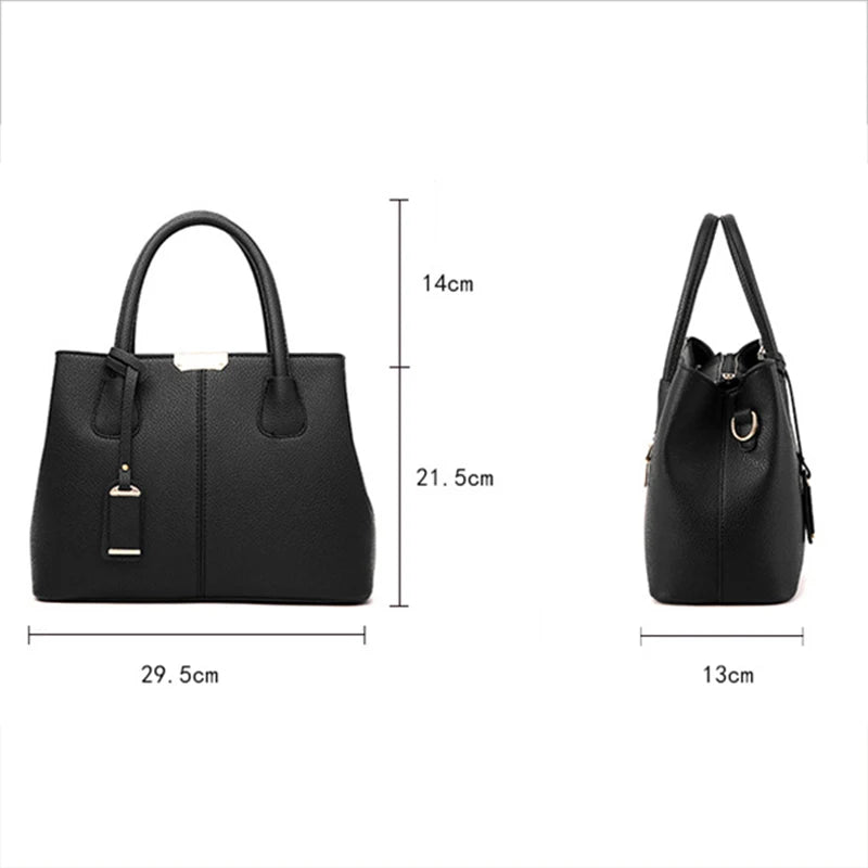 Black handbag and backpack with dimensions on a white background