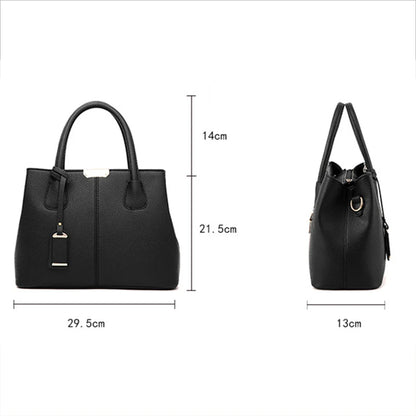 Black handbag and backpack with dimensions on a white background