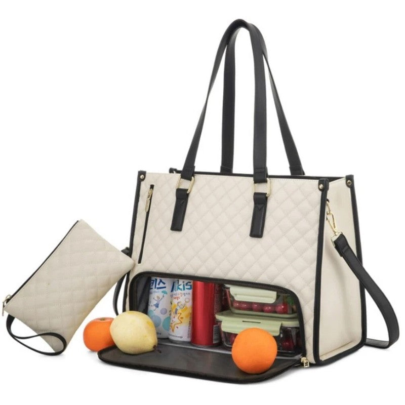 White quilted handbag with black accents open to reveal contents on a white background