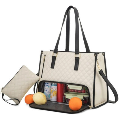 White quilted handbag with black accents open to reveal contents on a white background