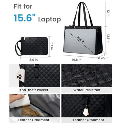 Laptop bag with dimensions and features highlighted on a white background