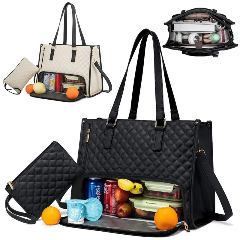 Black quilted handbag with compartments filled with snacks and drinks, on a white background.