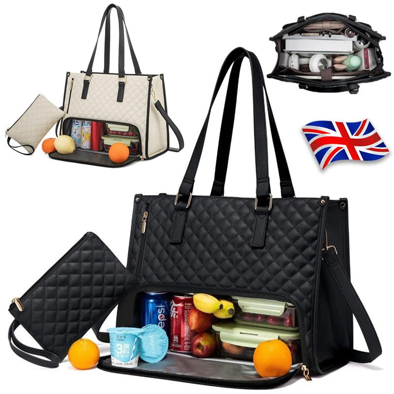 Black quilted handbag with compartments filled with snacks and drinks, surrounded by additional bags and a British flag.