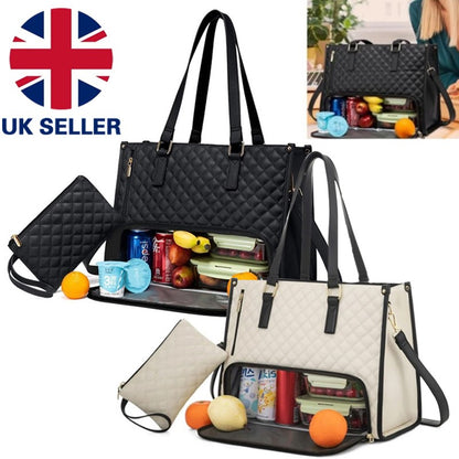 Black and beige bags with compartments filled with items, including a UK seller label.
