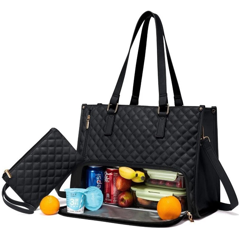 Black quilted handbag with various items including food and drinks on a white background