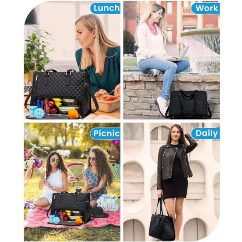 Black quilted handbag used for lunch, work, picnic, and daily activities.