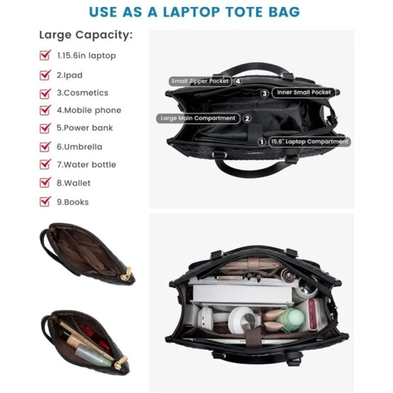 Black laptop tote bag with compartments and features listed on a white background