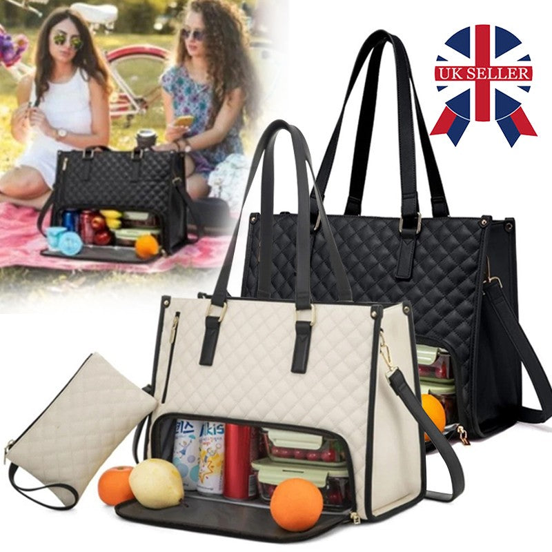 Two handbags, one black and one beige, with a British seller logo in the corner.