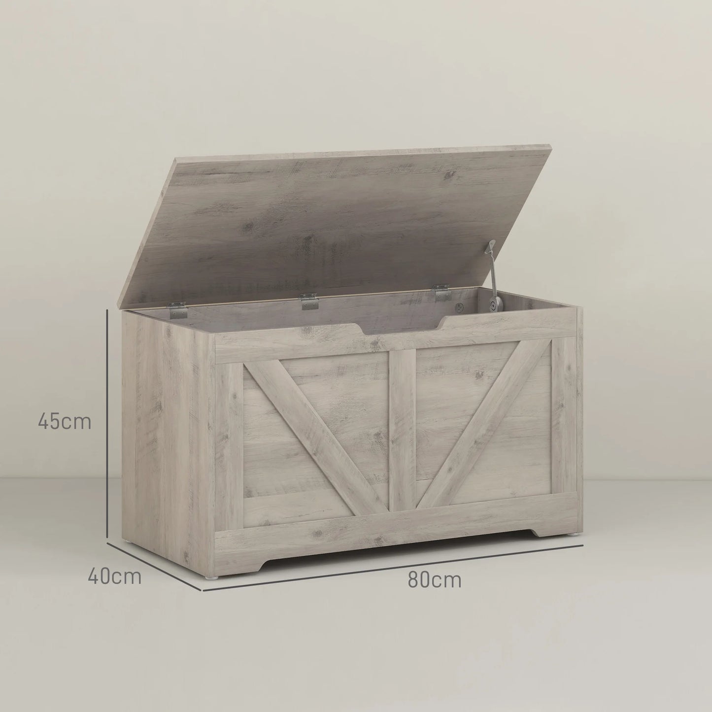 Wooden storage bench with open lid on a light gray background