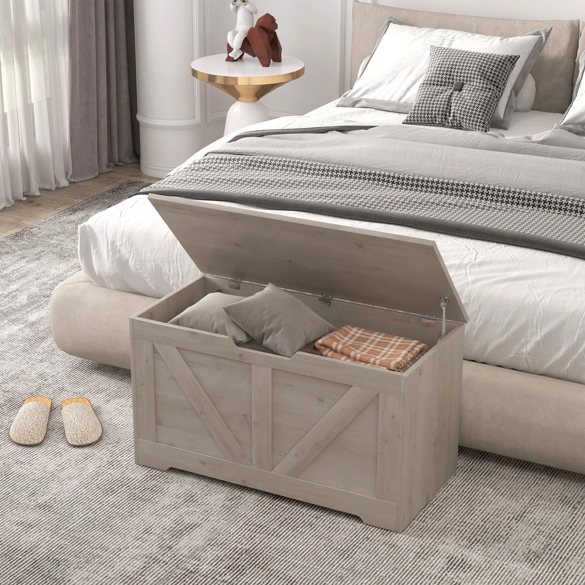 Wooden storage bench with cushions in a bedroom setting