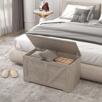 Wooden storage bench with cushions in a bedroom setting
