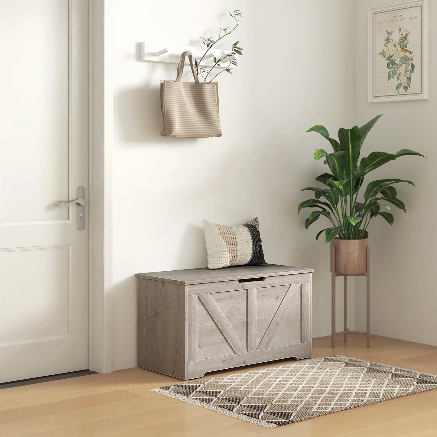 Entryway with a wooden bench, plant, and bag on a light wood floor.