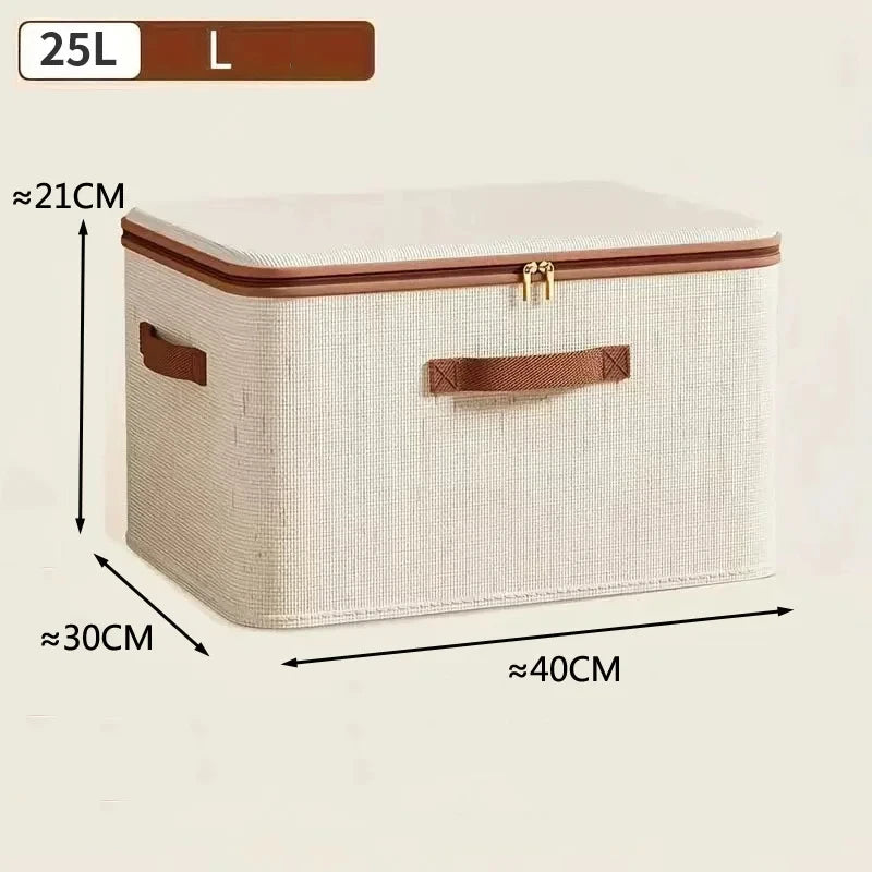 Beige storage box with brown accents and dimensions on a beige background