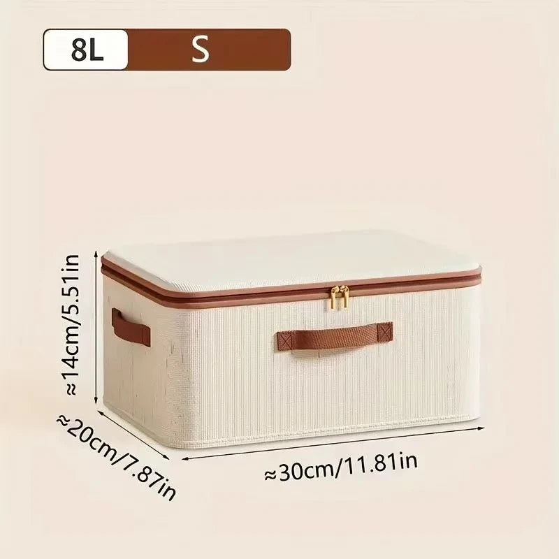 Beige storage box with brown accents and dimensions on a beige background