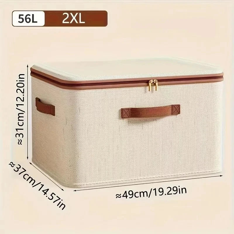Beige storage box with brown handles and dimensions on a beige background