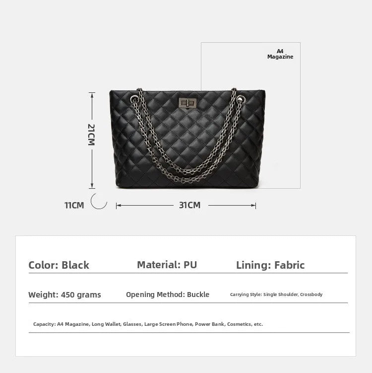 Black quilted handbag with chain detail on a white background, featuring product specifications.