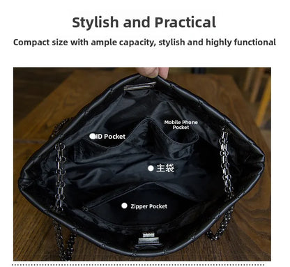 Black handbag with compartments labeled on a wooden surface