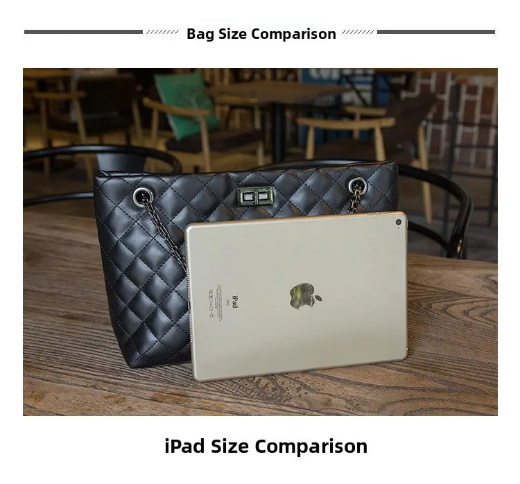 Black quilted handbag next to an iPad on a wooden table with 'Bag Size Comparison' text.