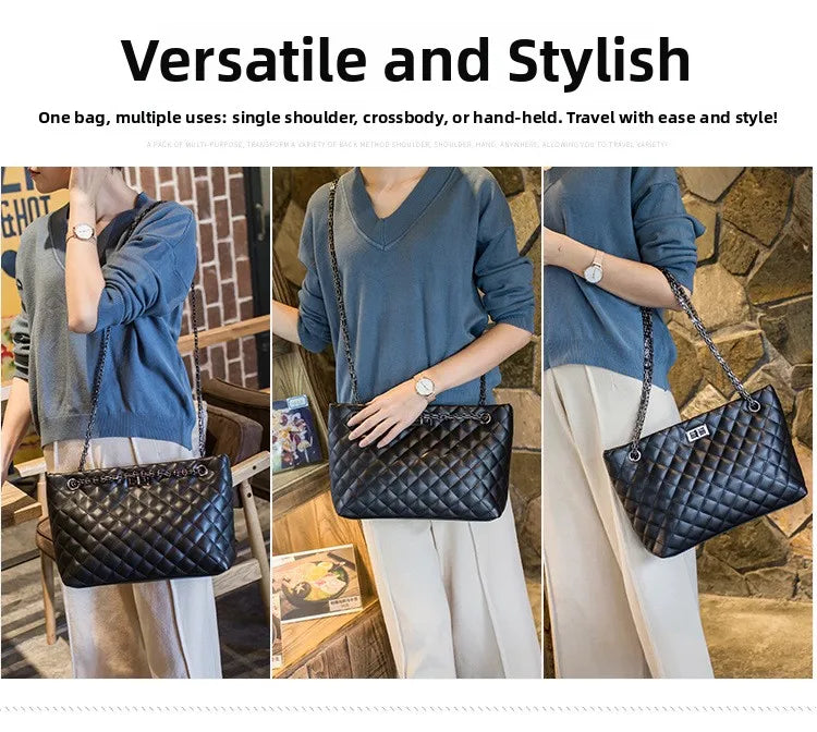 Black quilted handbag being used in various ways by a person in different settings.