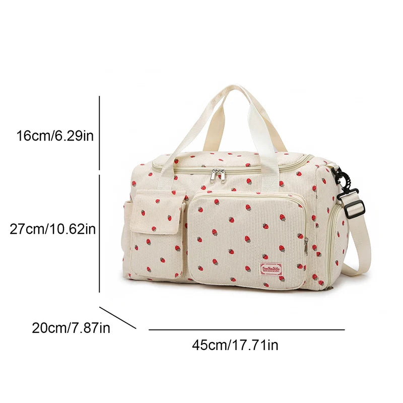 White bag with red patterns and measurements on a white background