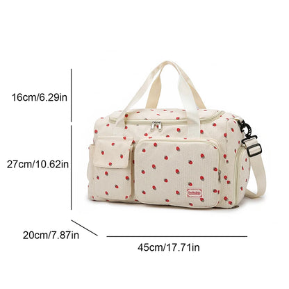 White bag with red patterns and measurements on a white background