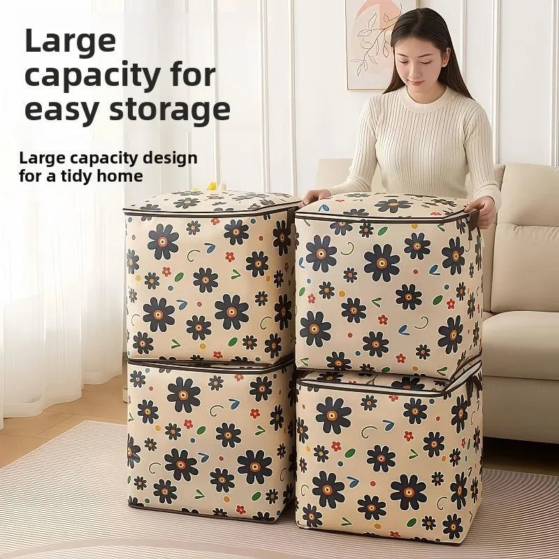 Woman with floral storage cubes in a living room setting