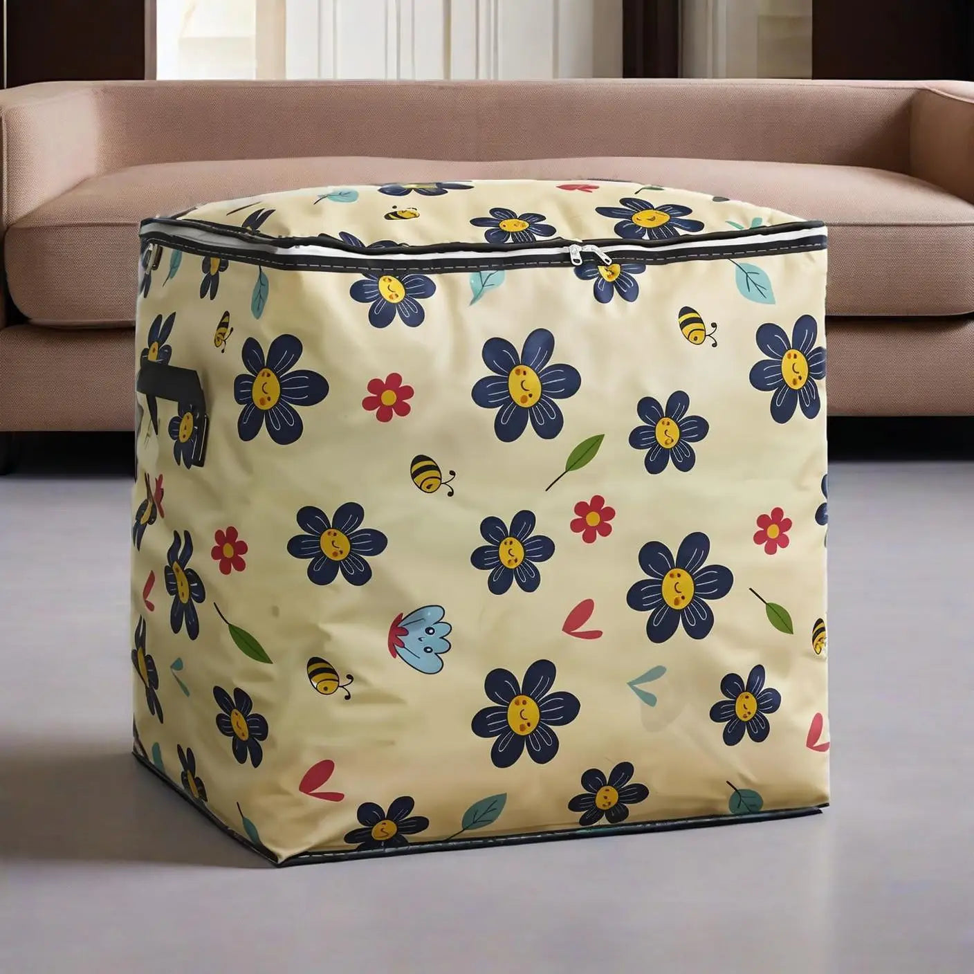 Floral-patterned storage bag on a light-colored floor with a beige sofa in the background