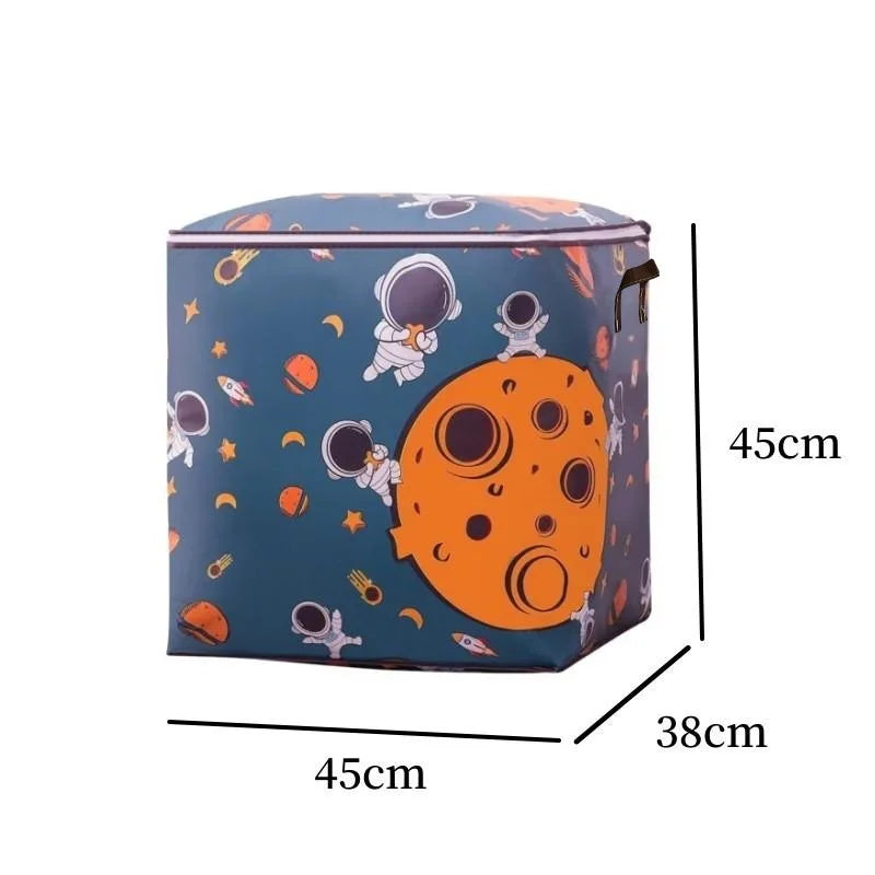 Cube-shaped ottoman with space-themed design and measurements on a white background
