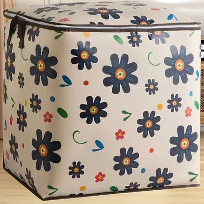 Floral-patterned storage box with text on a wooden floor