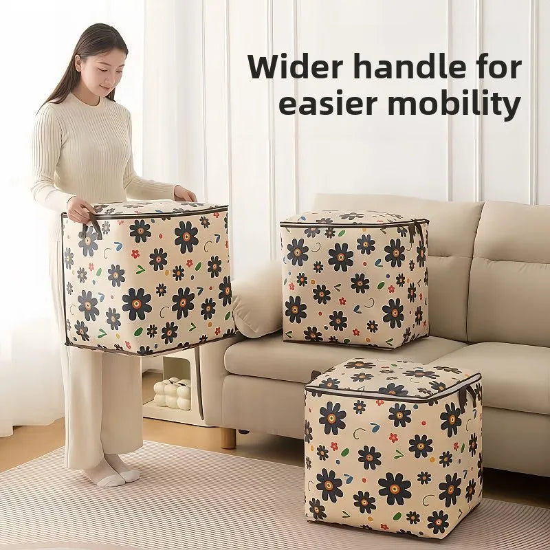 Woman holding a floral-patterned storage cube with text 'Wider handle for easier mobility' in a living room setting.