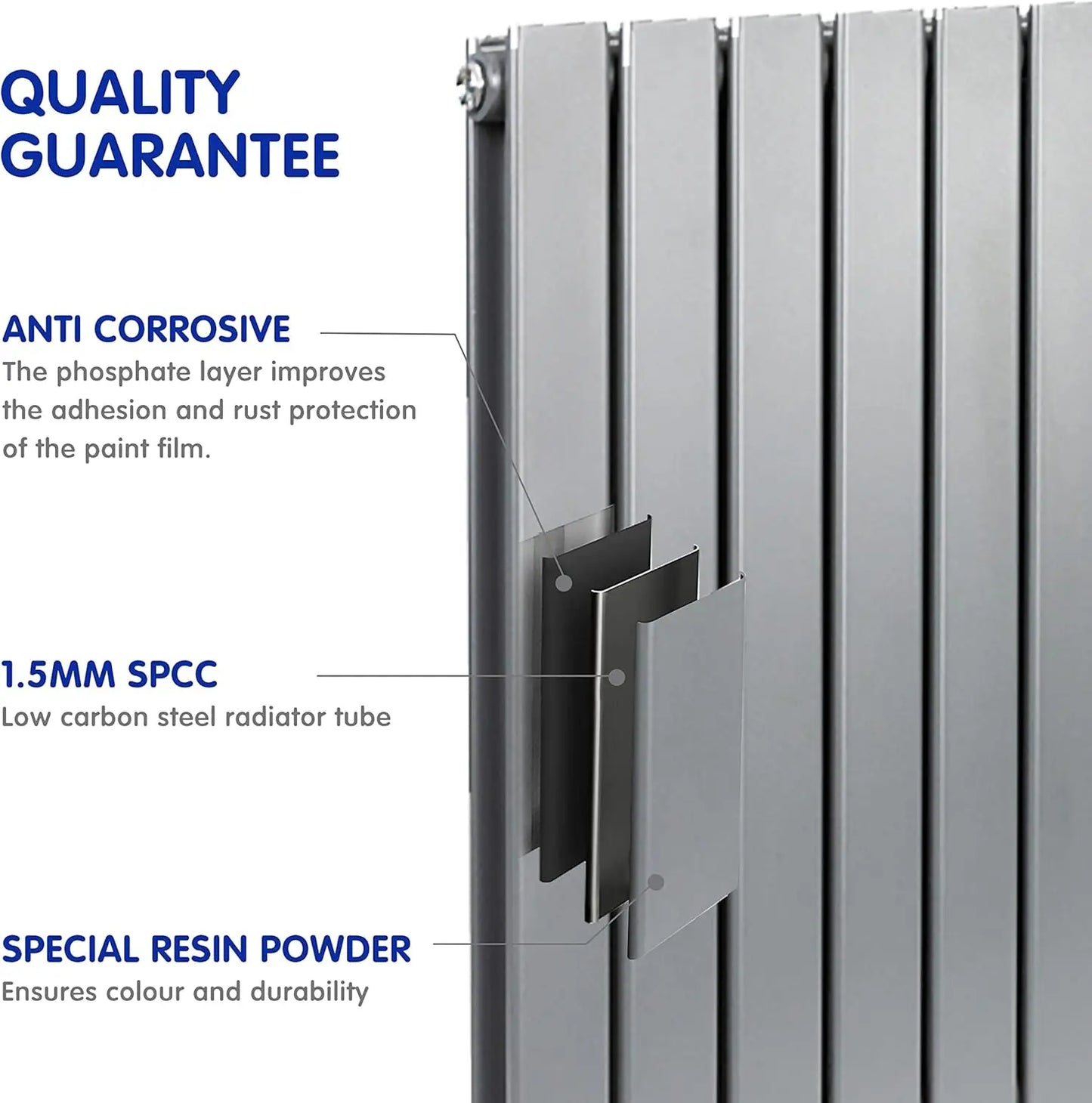 Metallic radiator with text detailing its features and quality guarantee on a white background