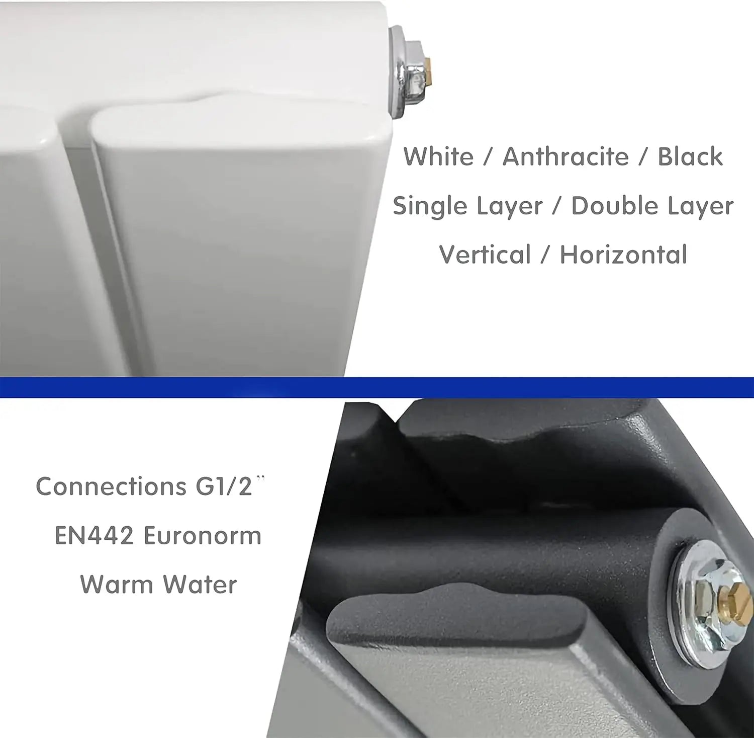 Radiator with color options, connection details, and material information on a white background.