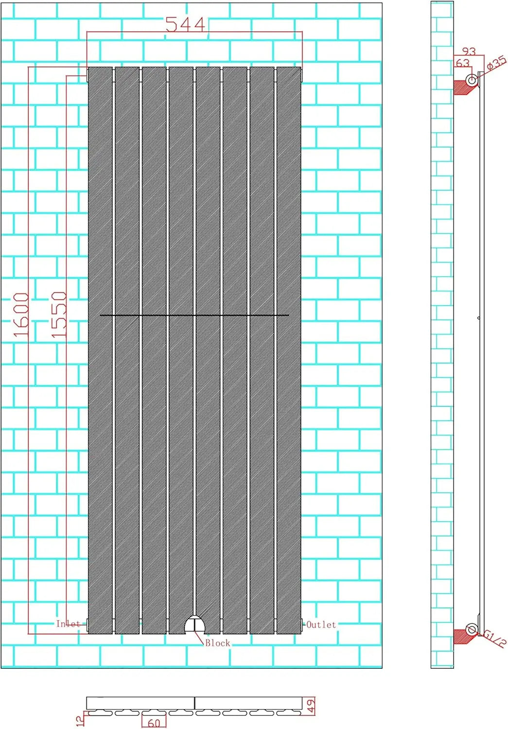 Technical drawing of a vertical radiator with dimensions on a grid background