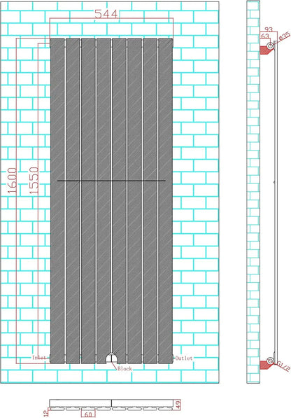 Technical drawing of a vertical radiator with dimensions on a grid background