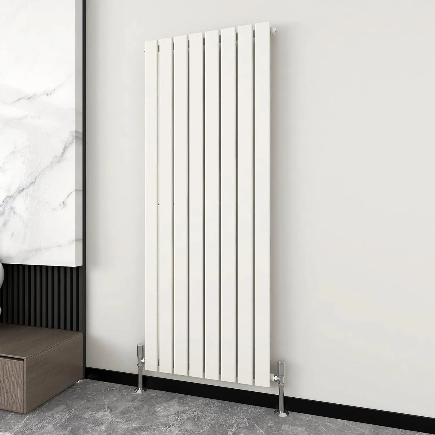 White vertical radiator on a gray wall with a marble-patterned floor.
