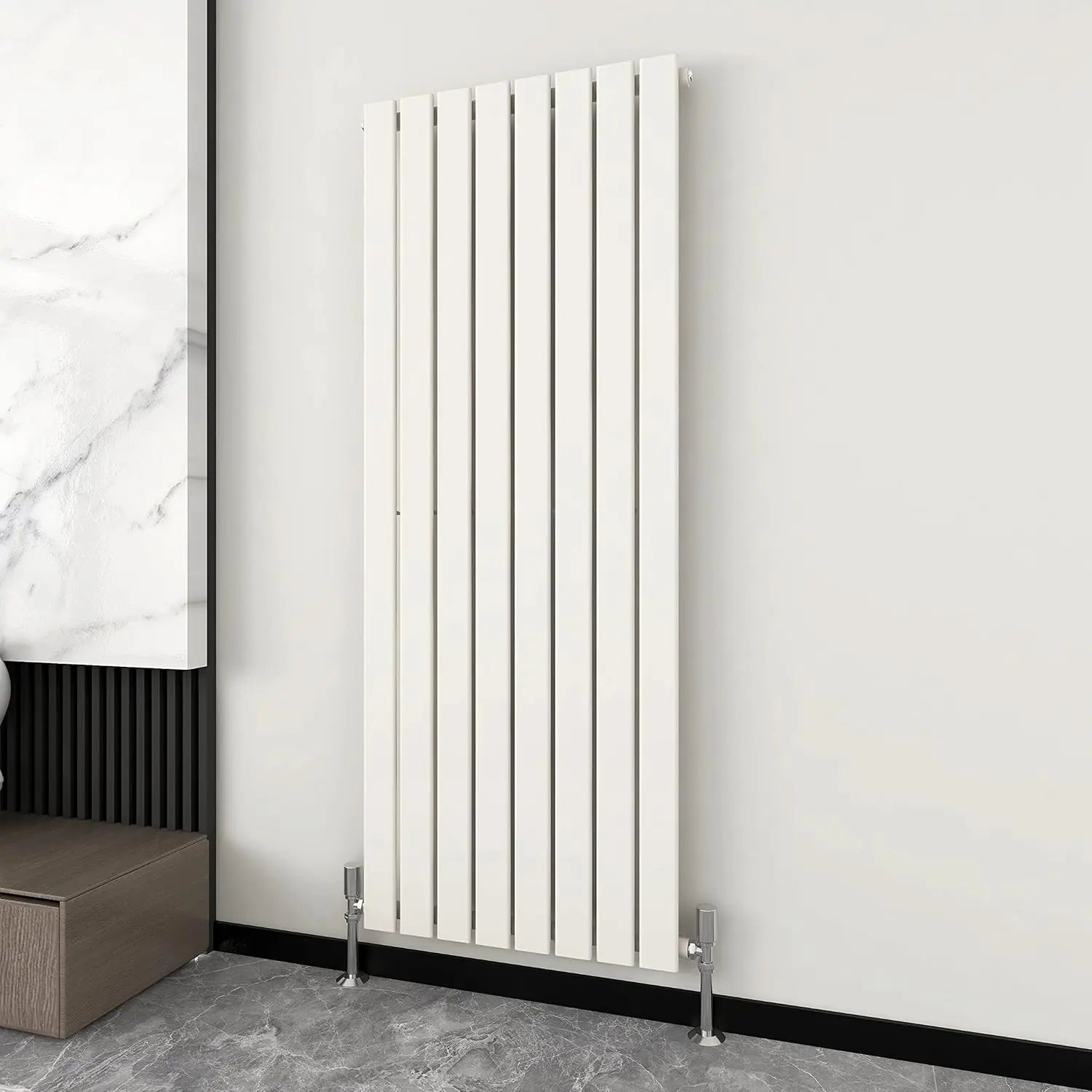 White vertical radiator on a gray wall with a marble-patterned floor.
